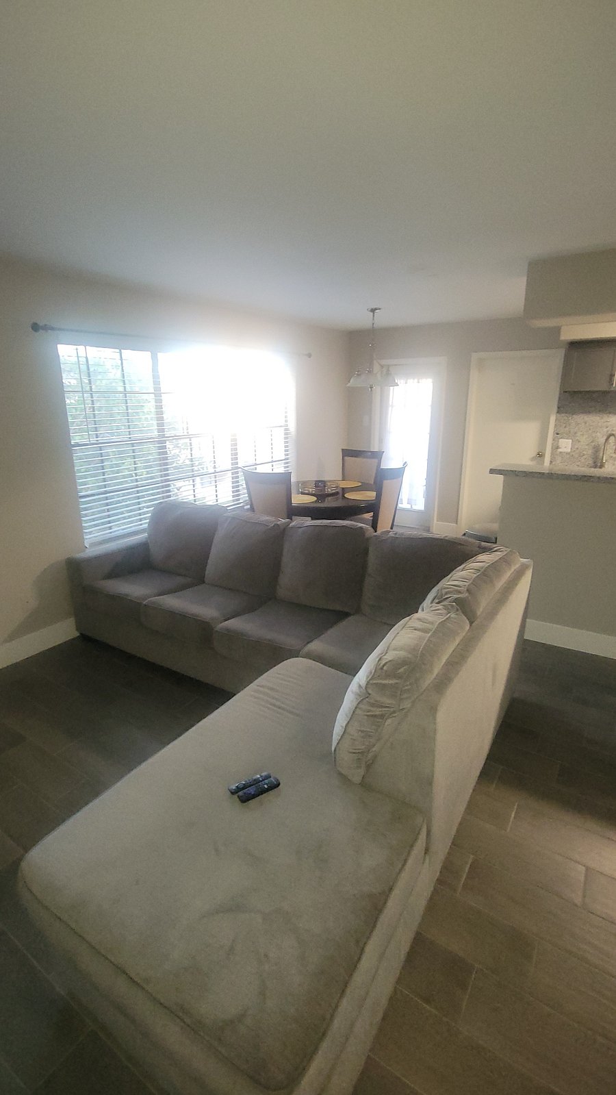 Front door view of the living room and dining area