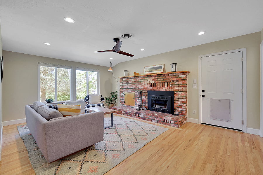 Family room with functioning fire place