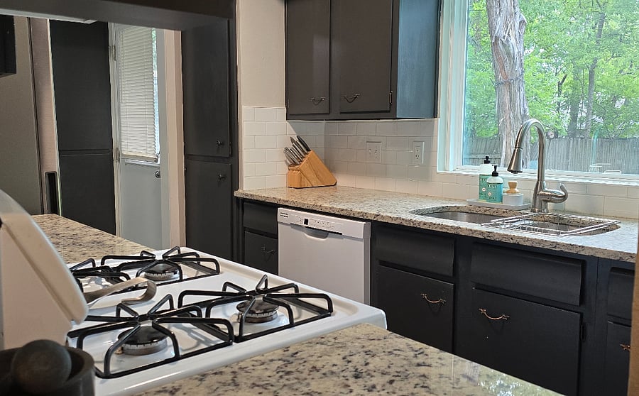 Gas range, dishwasher, and great view of the backyard from the kitchen.