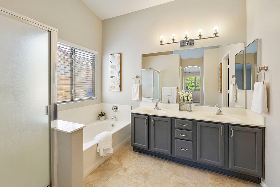 Primary Ensuite Bath with shower, garden tub, 2 sinks and walk in closet