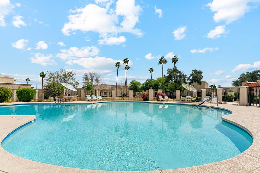 Community pool that is heated on an 'as-needed' basis. 