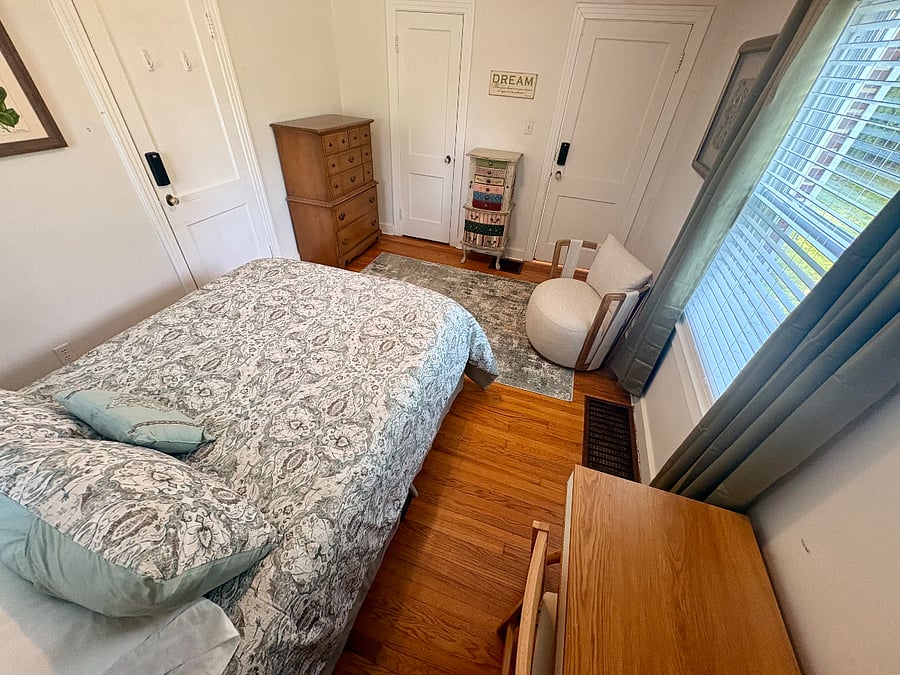 Bedroom #1, full size bed, desk, dresser, closet