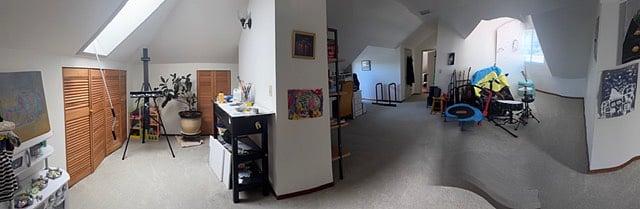 panoramic shot of main upstairs room. All personal items you see will be stored.