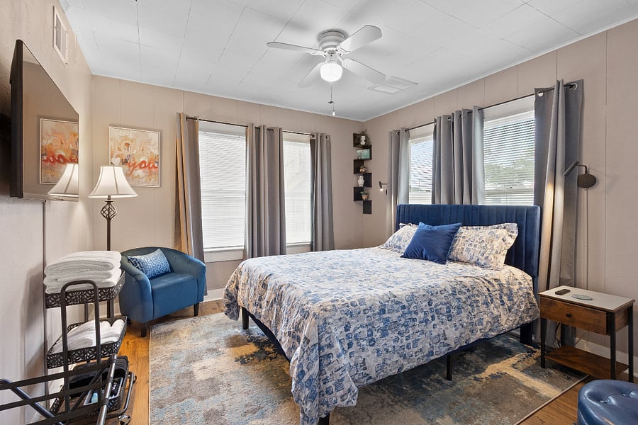 Over the bed lighting for reading. Nightstands with USB chargers. Don't forget the coasters.
