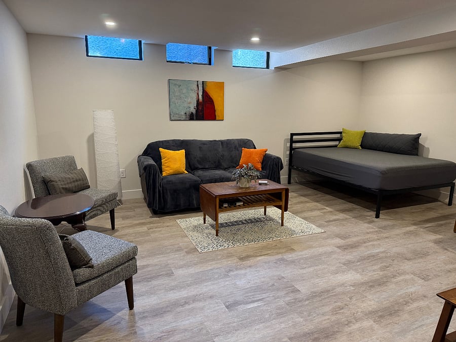extra large den with sofa, coffee table, chaise, smart TV, bookshelves, chess/checker game table.