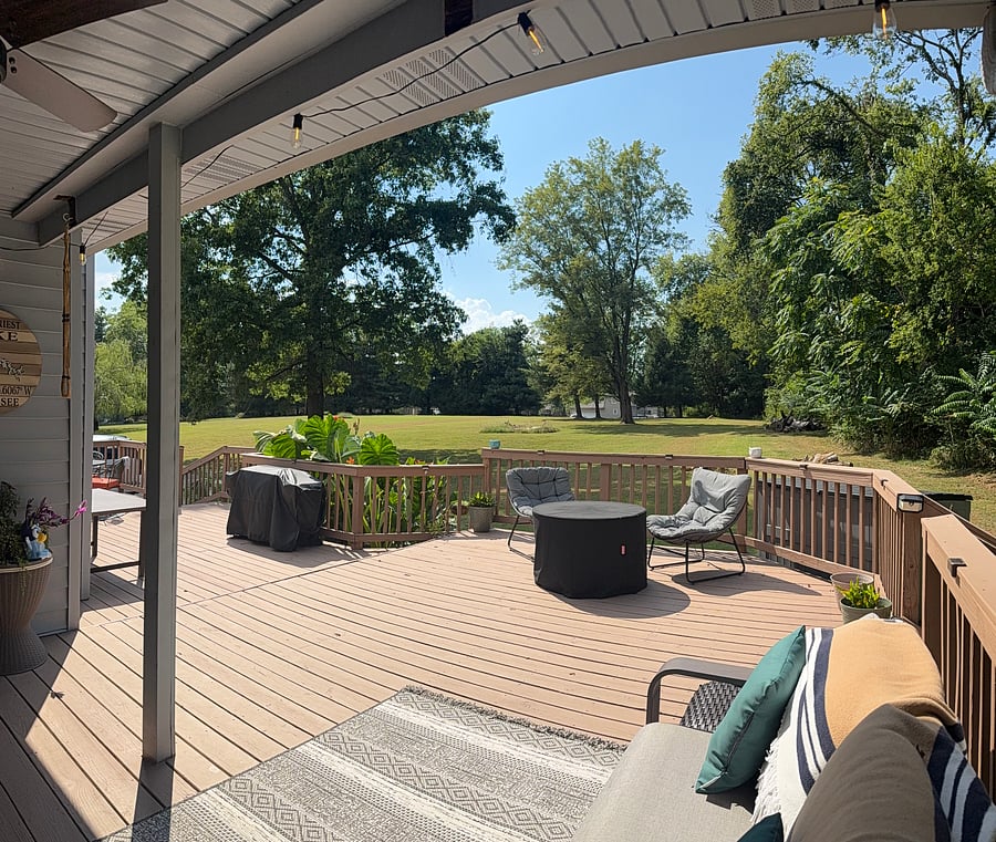 Gas fire pit and TV on the back porch