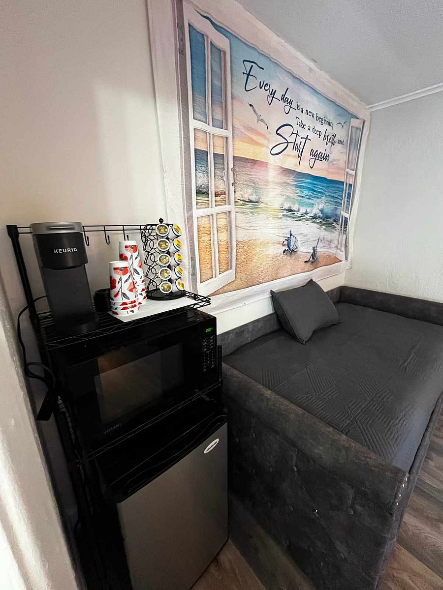 Mini Fridge, Keurig Single Coffee Maker, Microwave Oven.