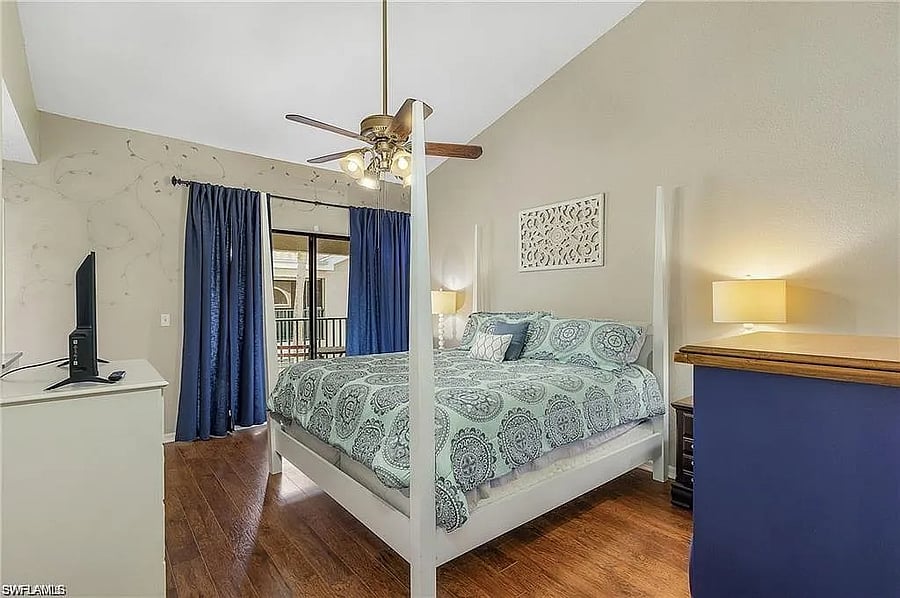 Balcony off master bedroom brings light into the room or a quiet place to read.