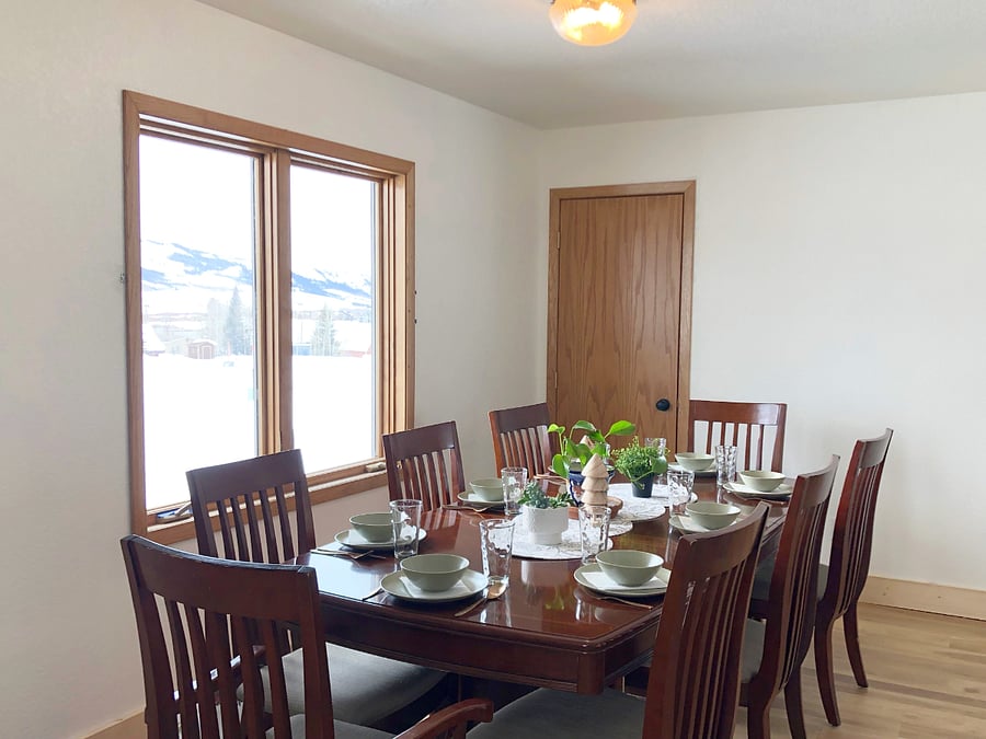 The dining table seats eight comfortably.