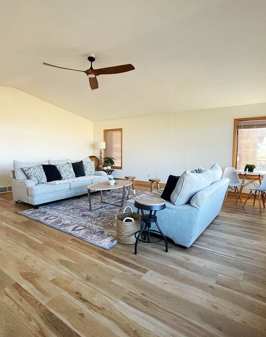 The upstairs living space. Perfect for gathering and enjoying the stunning views.