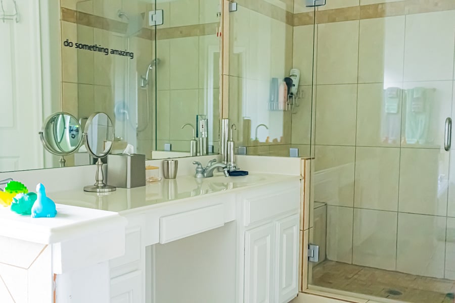 Walk-in shower with (want-to-be) rainfall shower head and a shower wand