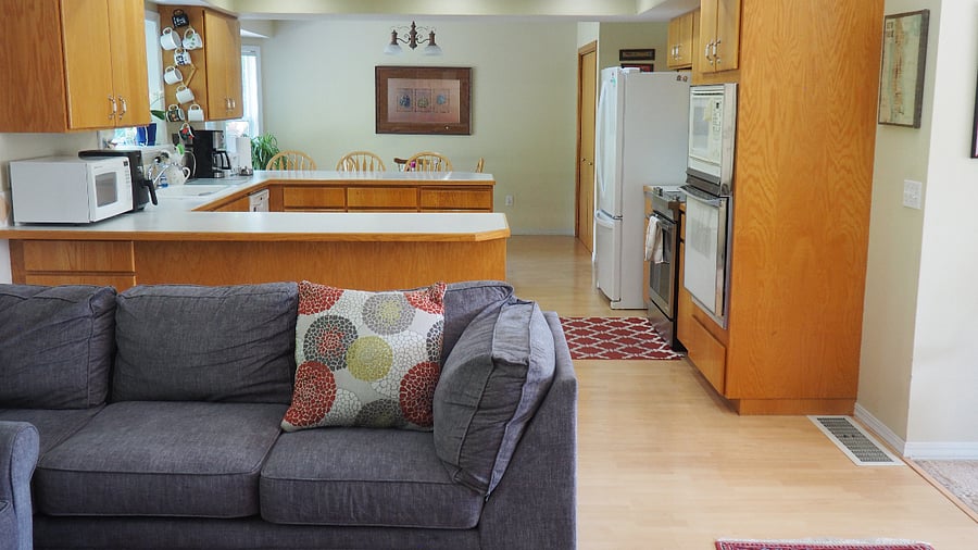 Great room: kitchen, dining room, and living room (our shared space).