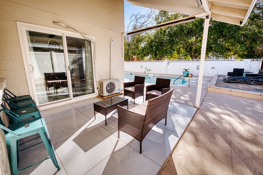 Outdoor lounge area. We have sunshades that can be put down to block sun in this area