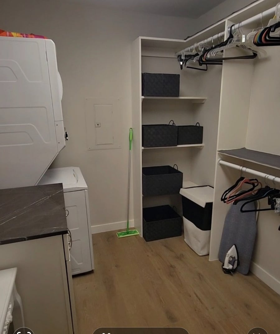 Extra large walkin closet with w/d. Plenty of storage space. LED vanity set in closet as well.