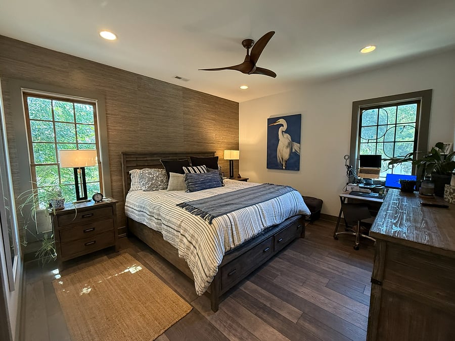 Laptop sized office desk in Egret Room next to walk in Closet.  Storage in nightstands, bureau and also two drawers at foot of bed.  