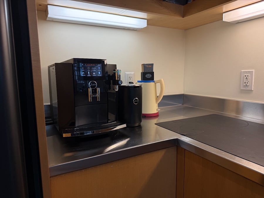Jura S8 semi-automatic espresso machine and countertop milk fridge for those morning lattes!