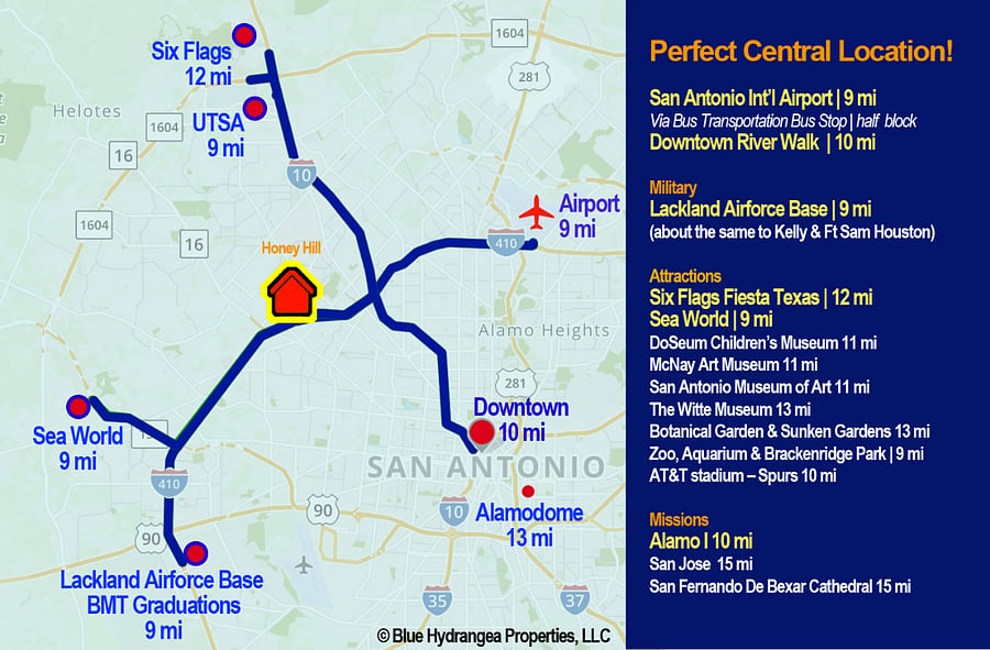 Great central location which is about 9 miles to most places around San Antonio - easy access to highway, yet still in a neighborhood.