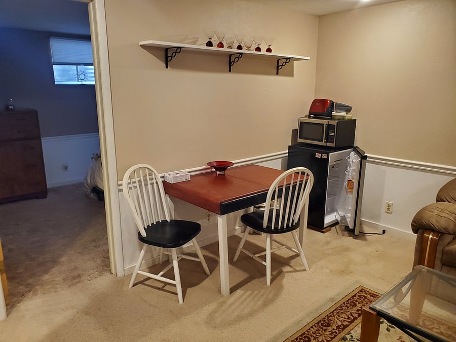 Kitchenette: coffee maker, toaster, micro, fridge, air fryer, waffle maker. Full shared kitchen upstairs