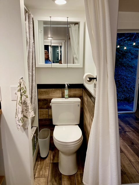Standard toilet and shower with cabinet storage.