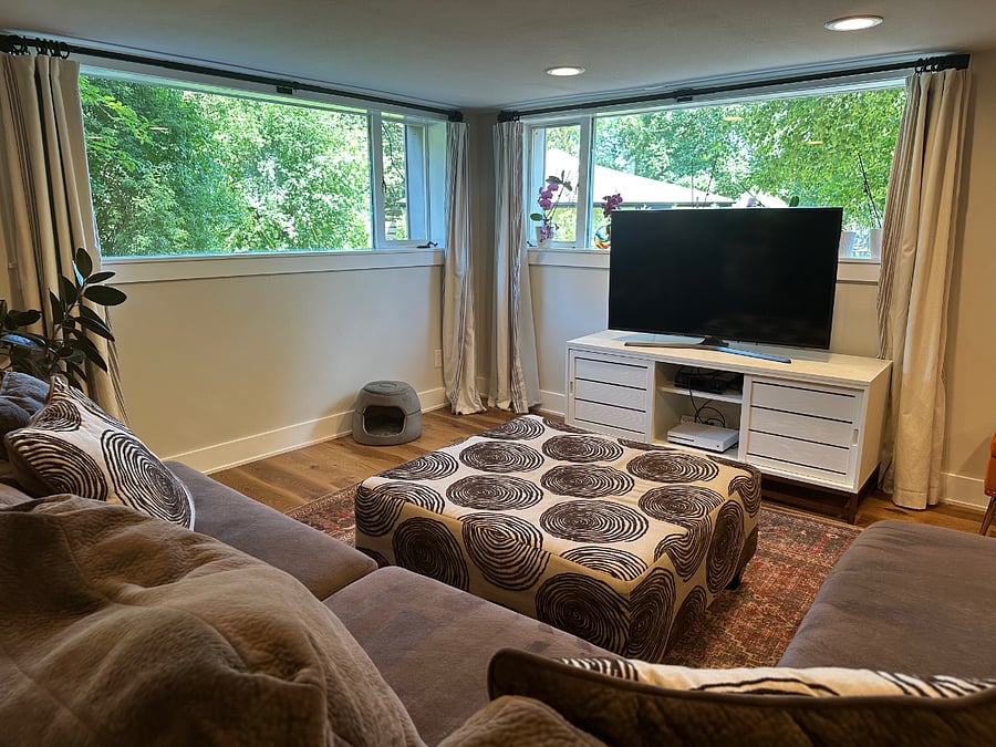 Living area with TV and lots of light
