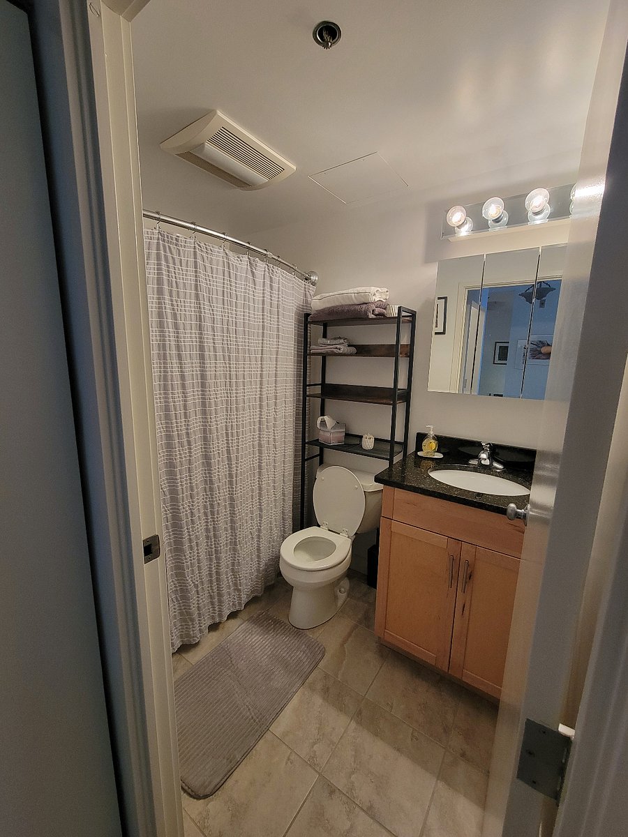 Well-appointed bath with curved curtain rod for an expansive space to shower.