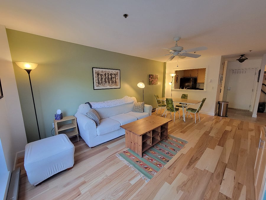 View from private entry door into living room/dining area.
