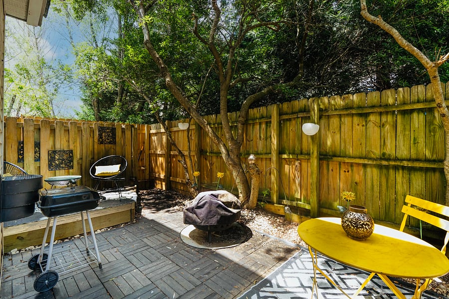 Comes with a grill for outdoor cooking. Soft, warm string lights adorn the trees for night time ambiance. A small water feature adds to the peaceful atmosphere & completes this tranquil retreat. Ideal for relaxed gatherings or a quiet moment alone.