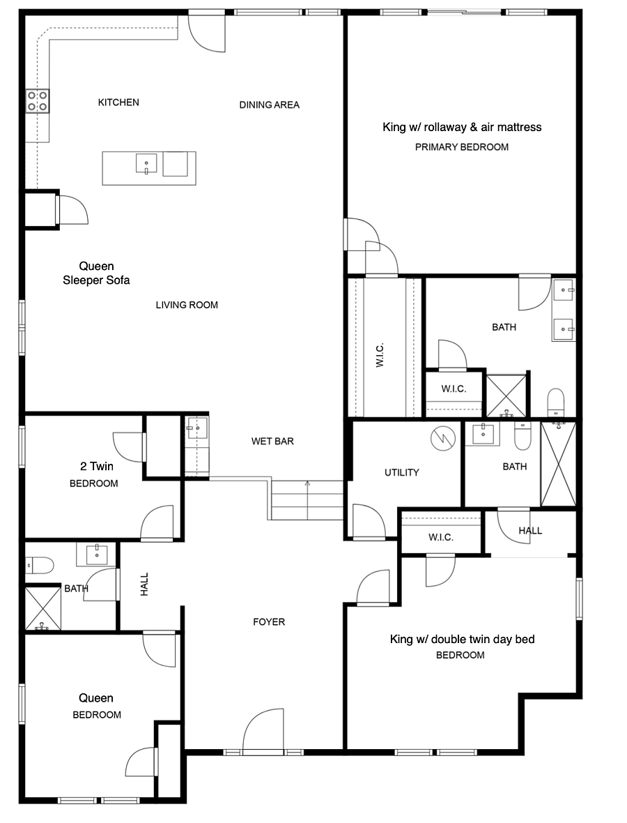 Layout of our 2,800 square foot house, featuring 4 bedrooms and 3 full bathrooms