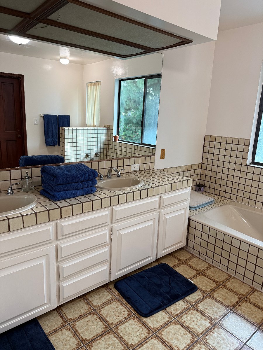 full bathroom with double sinks, bathtub and stand up shower.