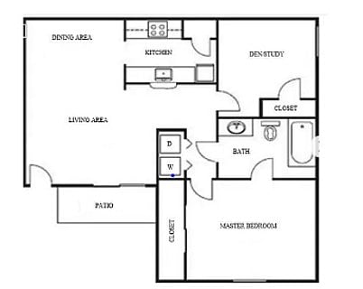 Floor plan, although technically a  one bedroom with a den/study, the den/study area  has been used for a small secondary bedroom. 