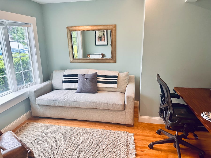 Office with sleeper sofa and sit-stand desk