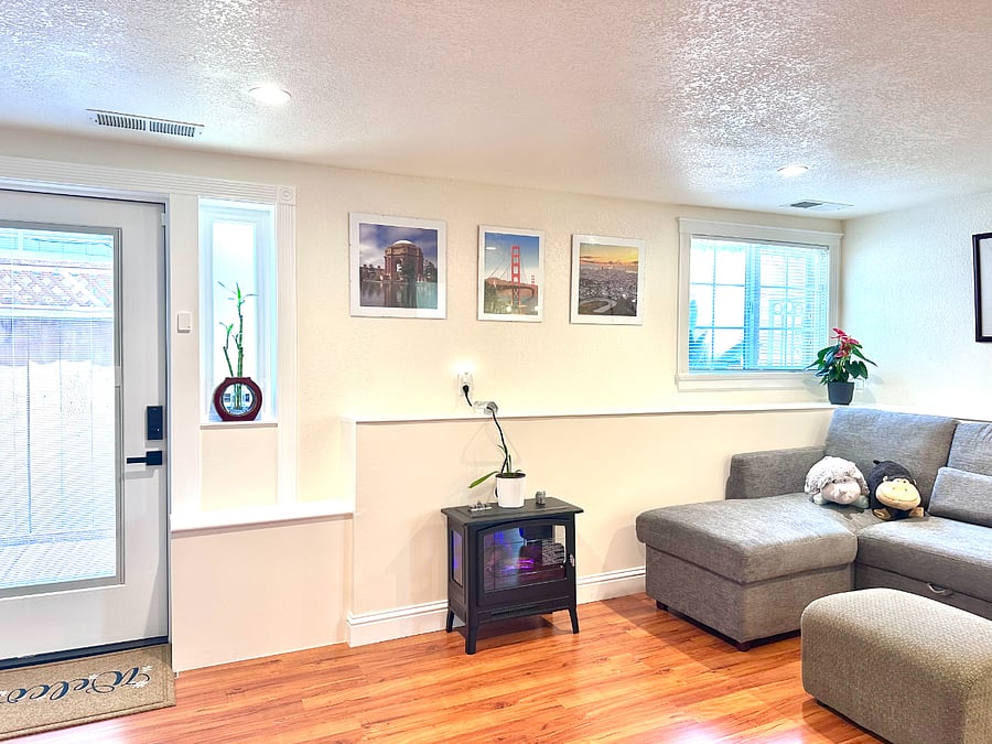 The electric fireplace adds a warm, cozy feeling on a cold day.