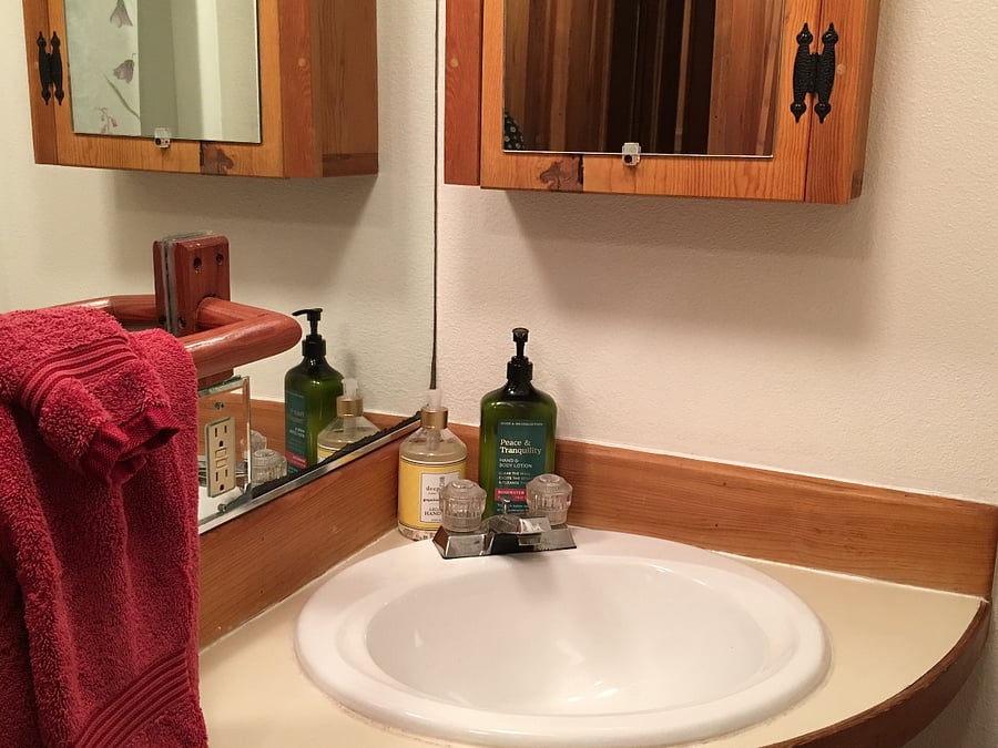 This bathroom has a shower stall and no tub.  It's located behind the kitchen and is the "common bathroom."