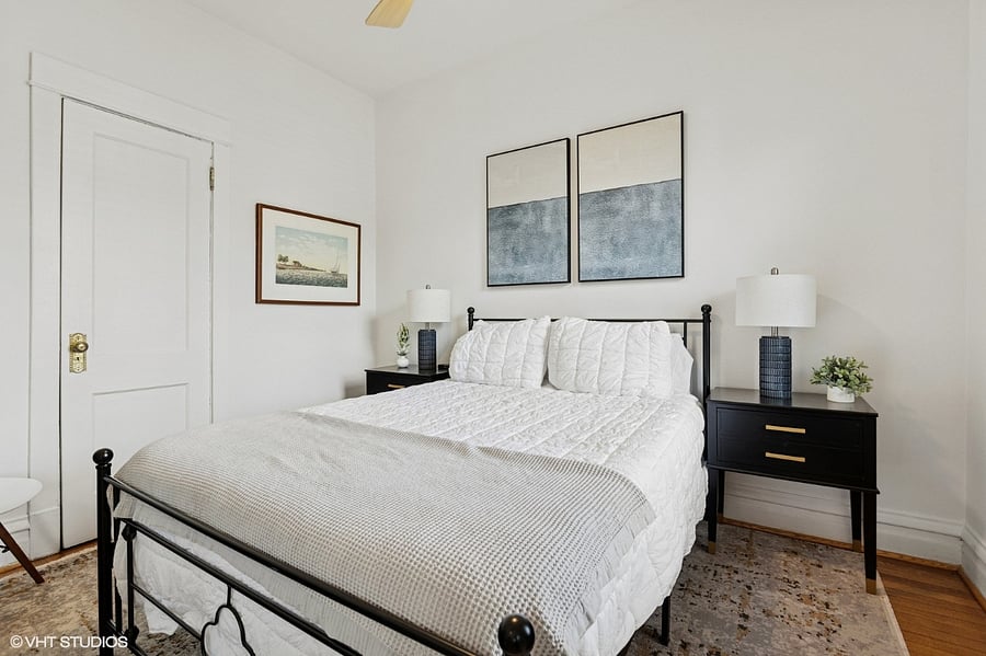 Front Bedroom Queen Bed, Walkin Closet with French door entry.
