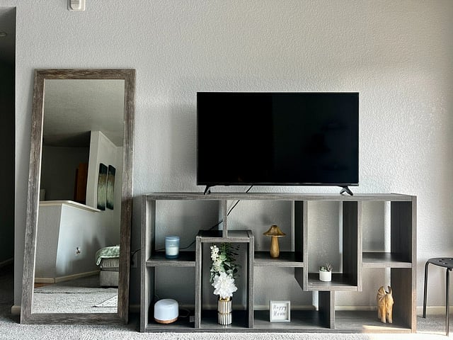 Living room with TV and full length mirror