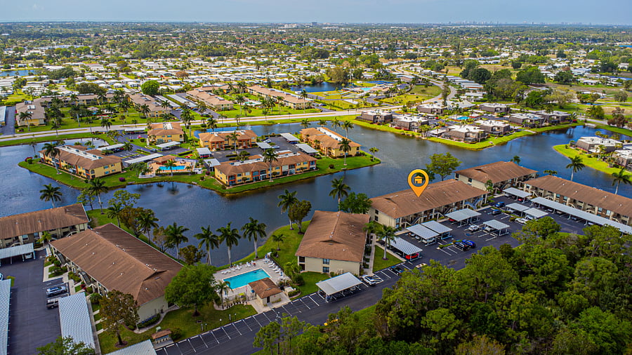 Ariel view of H building and nearby pool