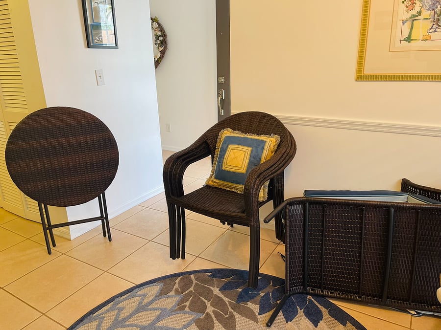 Bistro table and 4 chairs can either go on lanai or in flex space. There is a lounge chair for the lanai as well.