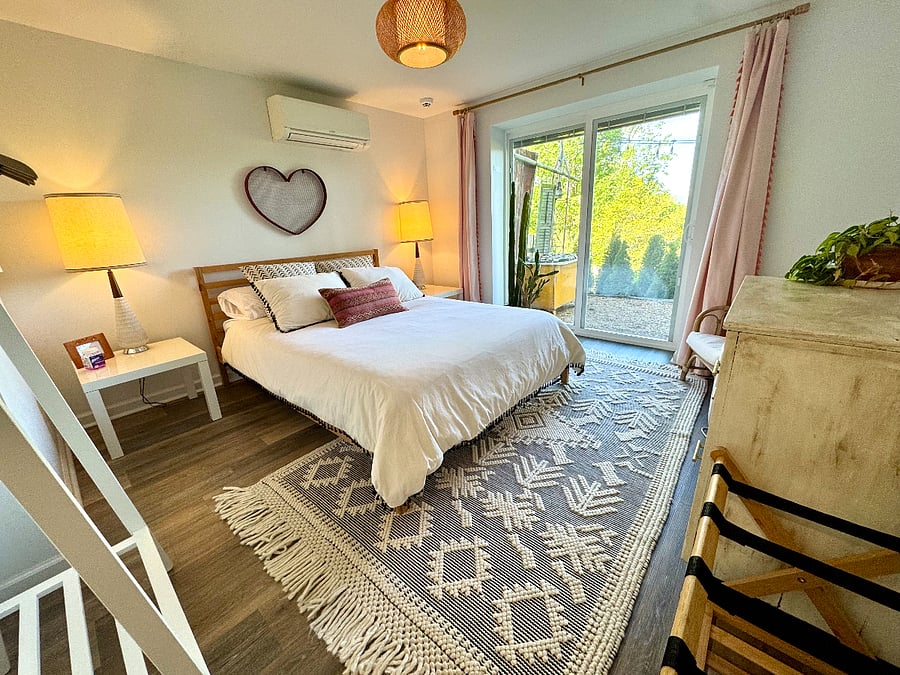 Your bedroom has a queen memory foam mattress and access to the patio; sliding glass door has interior blinds that you may close for privacy.