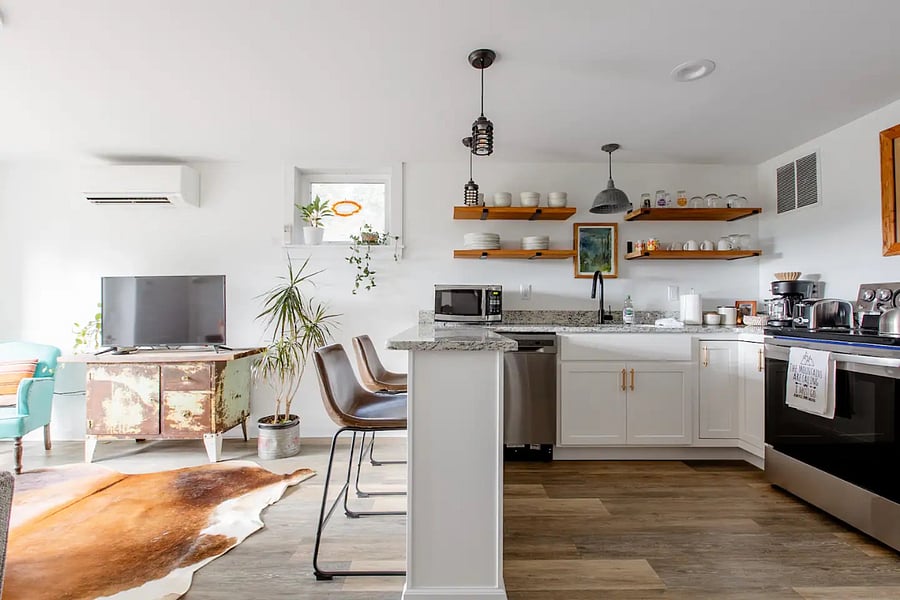 Kitchen view showing dining area/work station