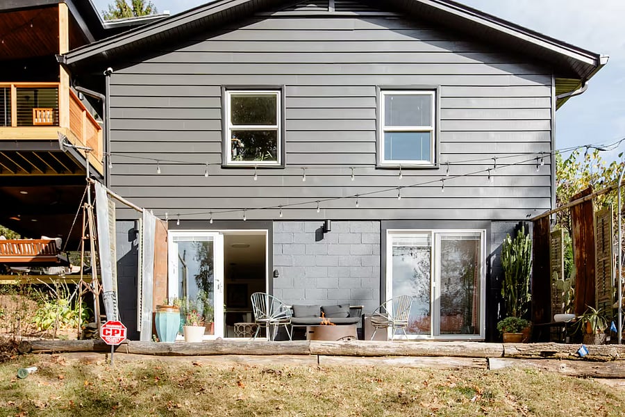 This is the back view of the home, showing your patio below our main living area.