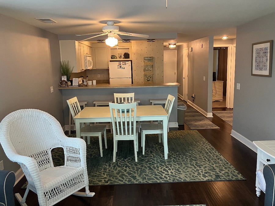 Living room, dining area and kitchen