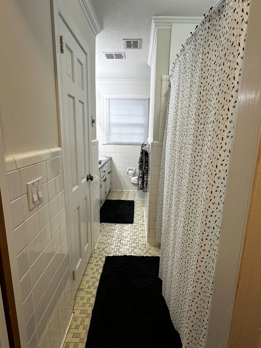 Hall bathroom with wheelchair accessible walk in shower. 