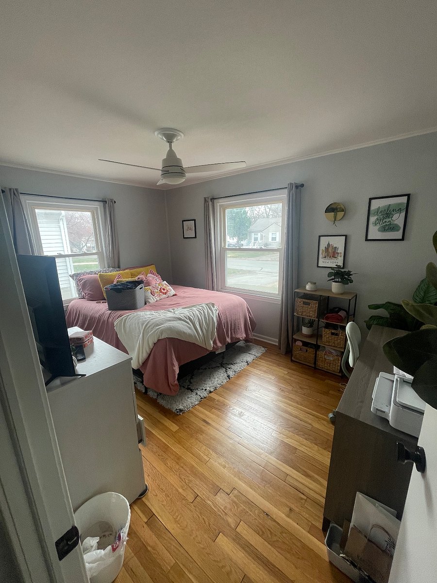 Your bedroom! Comes with queen bed, dresser, and curtains. The is a closet with sliding mirror doors not pictured on the left-hand side. Decorations, TV, desk and bedding not included.