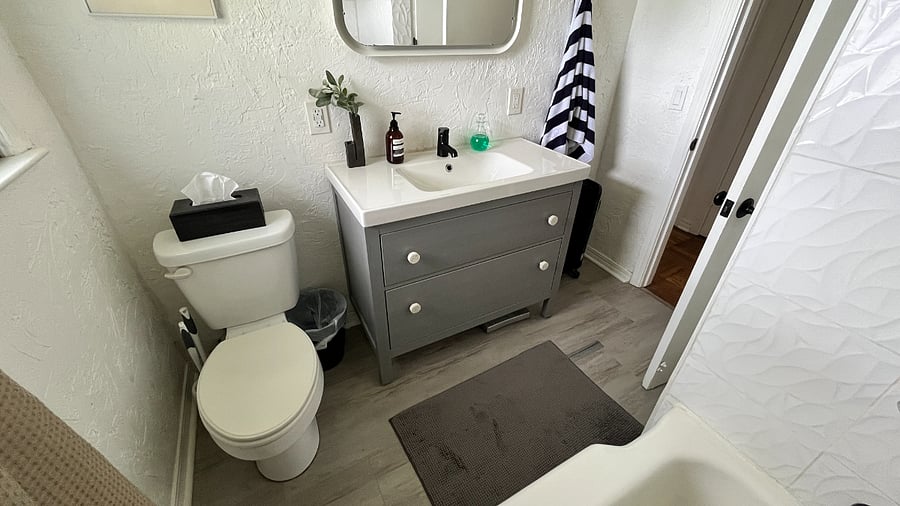 Plenty of cabinet space in the bathroom.