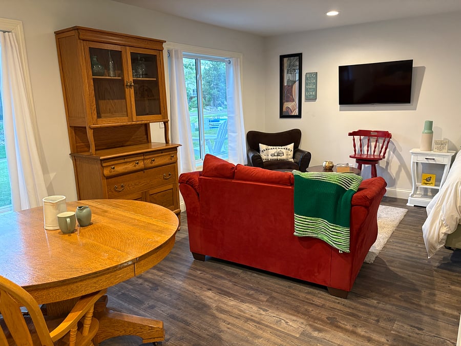 Restored oak kitchen table and china cabinet adding that Vintage vibe.