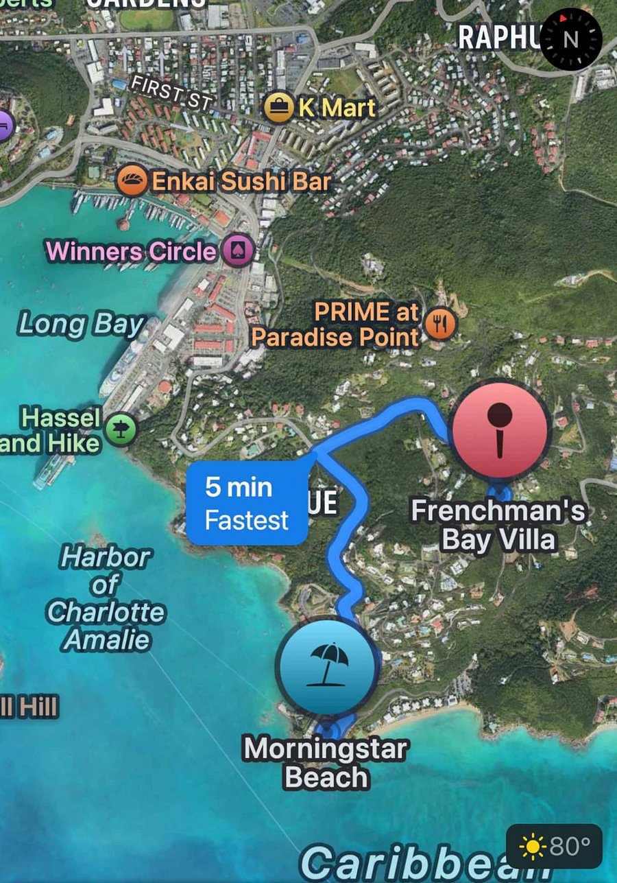 We recommend a rental vehicle for this residential area as it is central to shopping, downtown, and restaurant areas. Havensight Shopping Mall is about a 6min ride from the Villa. We do provide taxi referrals as an additional transportation option.
