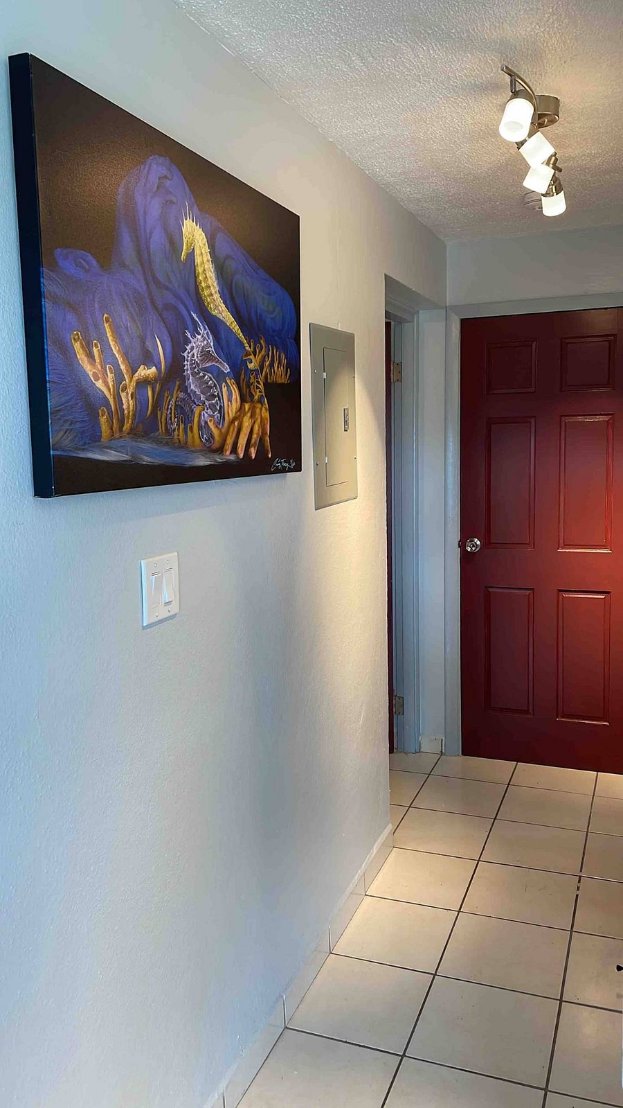 Hallway to laundry area and spa shower. We have artful touches located throughout guest-suite as living spaces and bathroom were custom designed