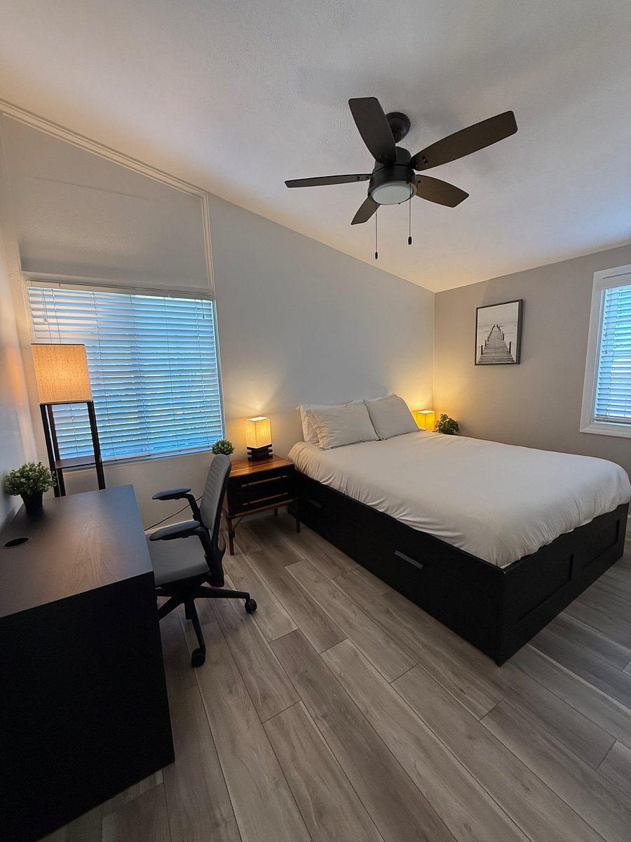 Room 2, sit down desk, chair, queen bed closet, ac/heater unit, new flooring, new closet, new paint, ceiling fan, two large windows for ventilation. Includes parking space. Currently unavailable.