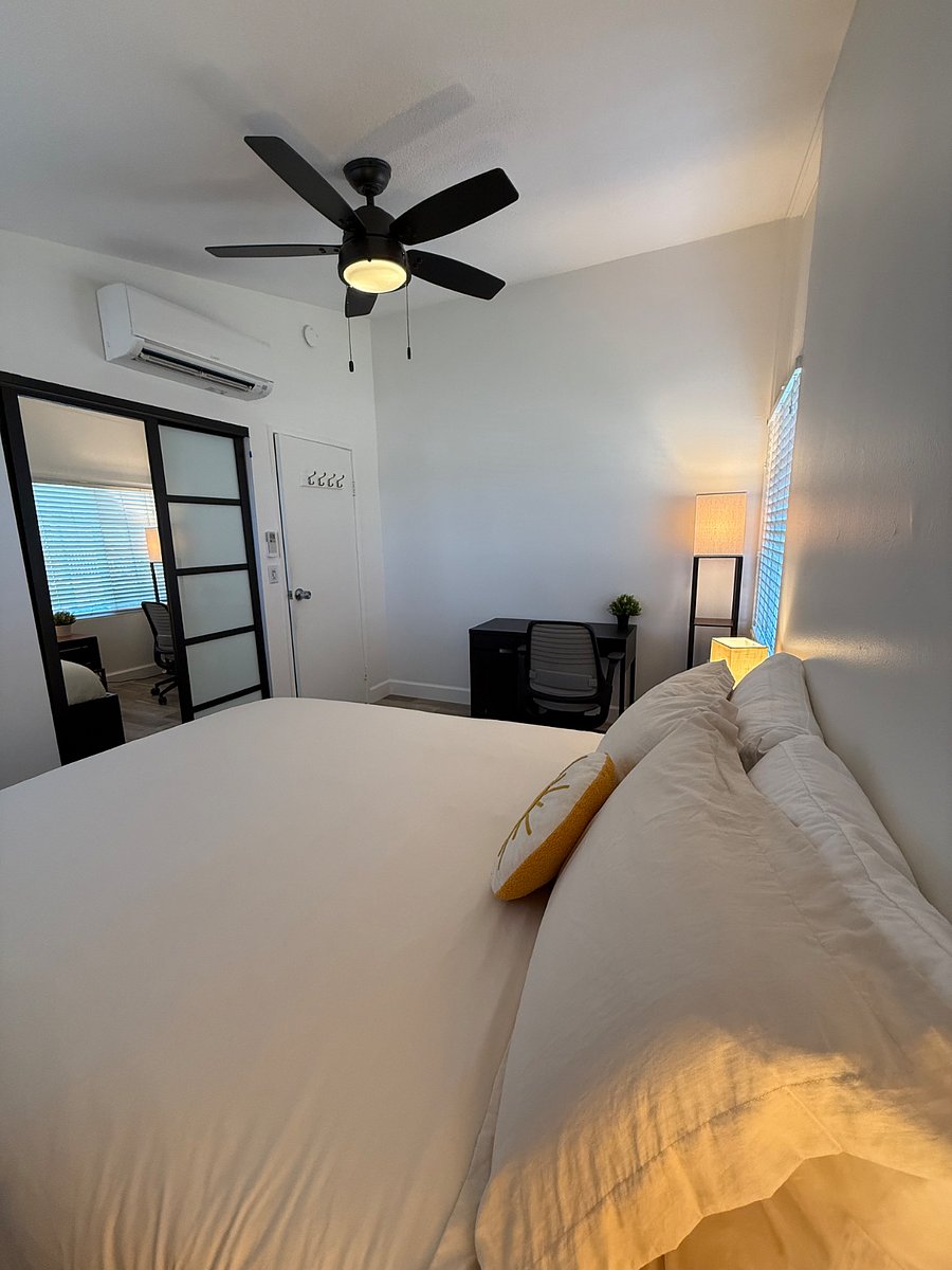 Room 2, sit down desk, chair, queen bed closet, ac/heater unit, new flooring, new closet, new paint, ceiling fan, two large windows for ventilation. Includes parking space. Currently unavailable.
