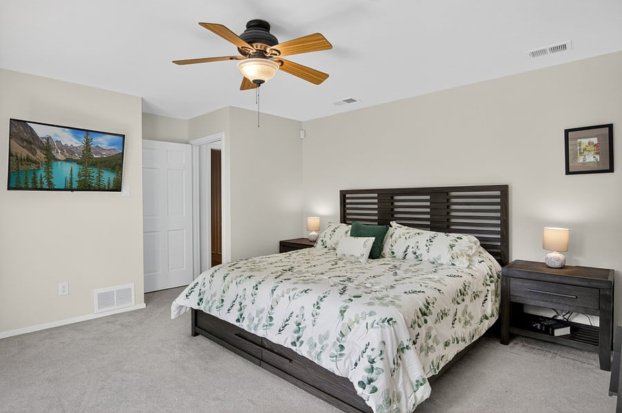 PRIMARY
+King bed
+Roku TV
+Closet
+Dressers
+Attached bathroom (double sink, walk-in closet, shower)
